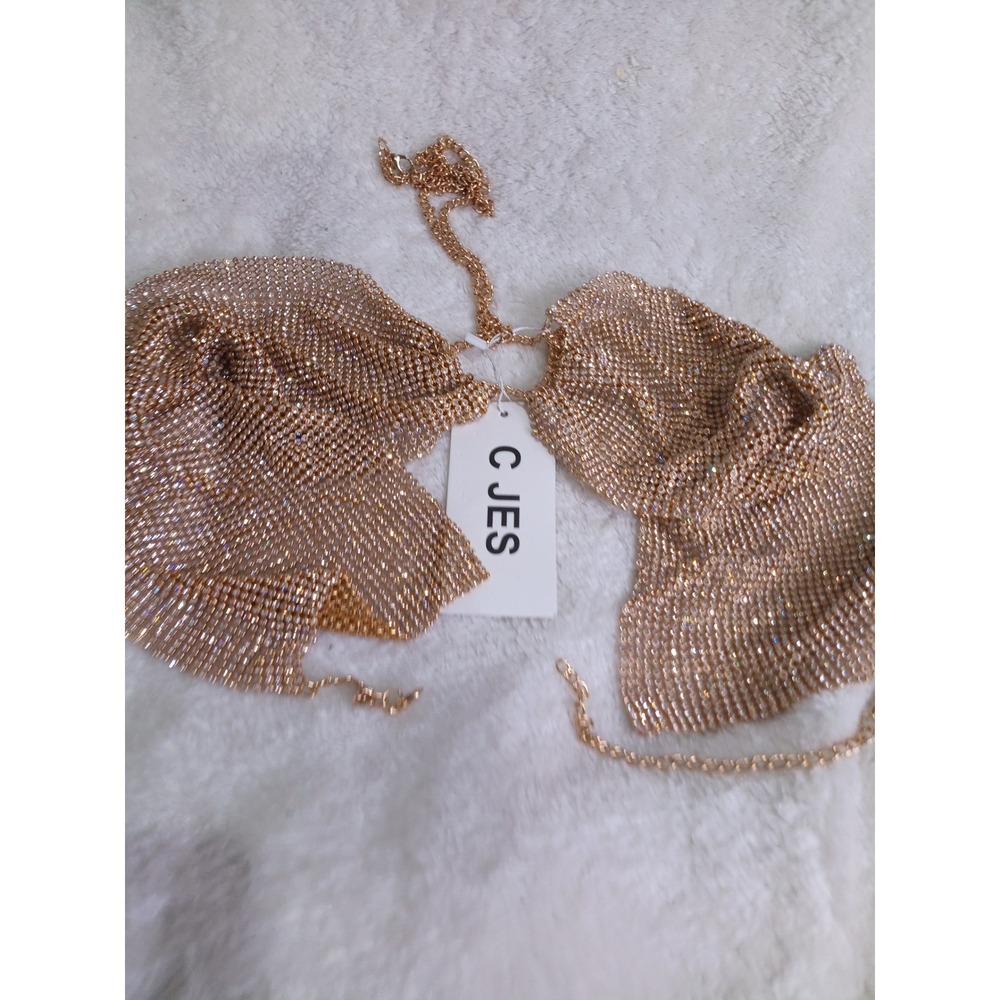 CJES Gold Rhinestone Mesh Halter Bra Top Crystal Festival Rave Party Top (147) - Picture 6 of 9